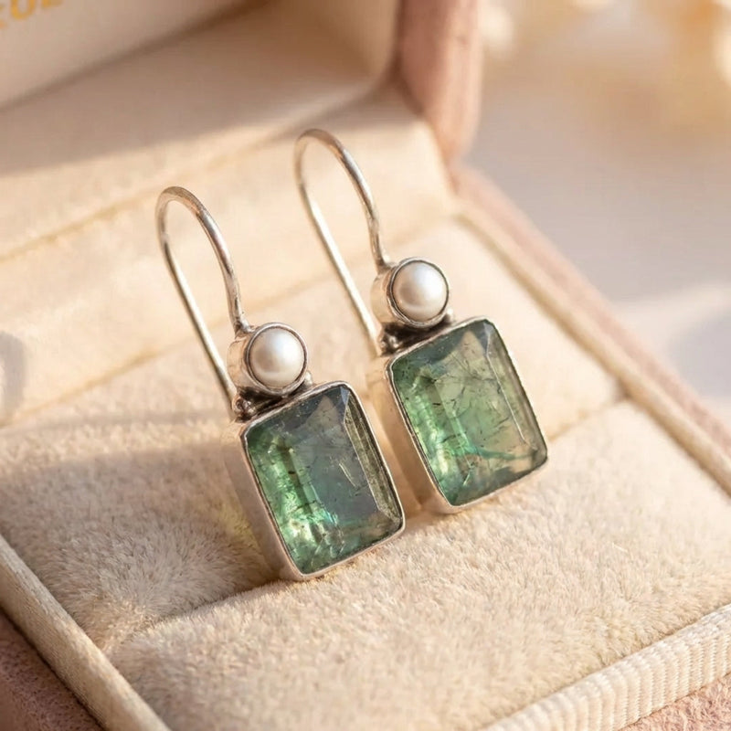 Vintage Green Stone Inlaid Pearl Earrings