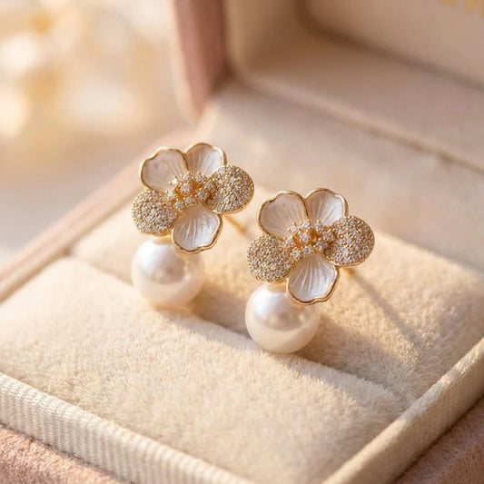 White Camellia Pearl Pendant Earrings