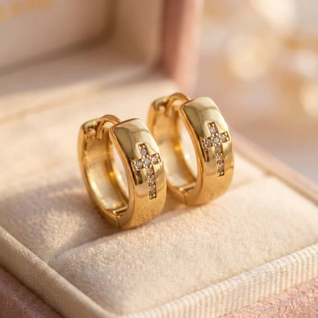 Vintage Zirconia Cross Gold Earrings