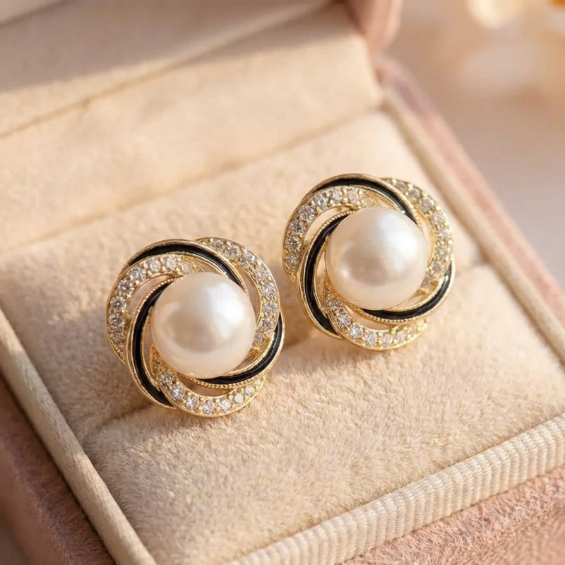 Vintage Zircon Wrapped Flower Pearl Earrings