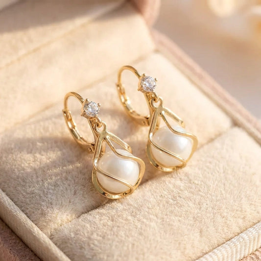 Vintage White Opal Dangling Golden Earrings