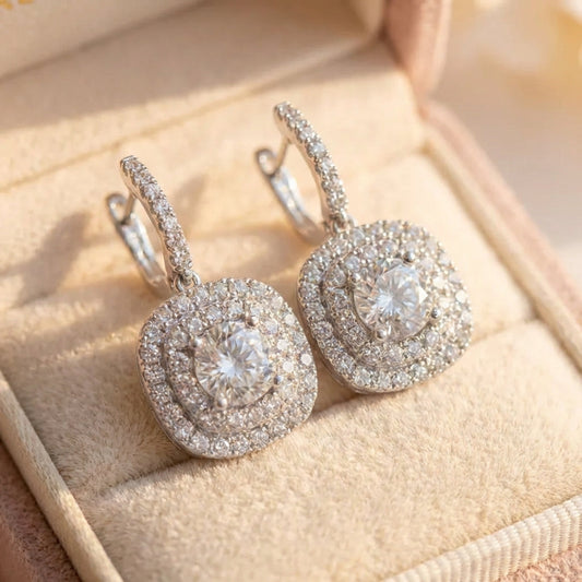 Vintage Silver Square White Stone Dangle Earrings