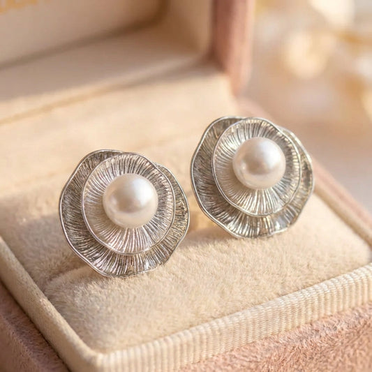 Vintage Silver Petal Pearl Stud Earrings