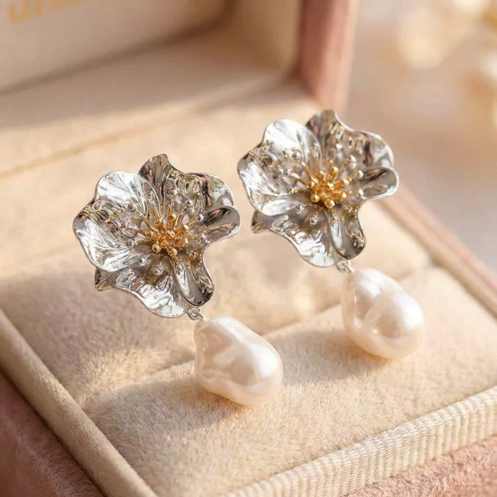 Vintage Silver Flower Pearl Earrings