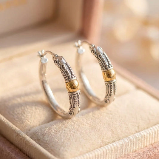 Vintage Silver Carved Pattern Hoop Earrings
