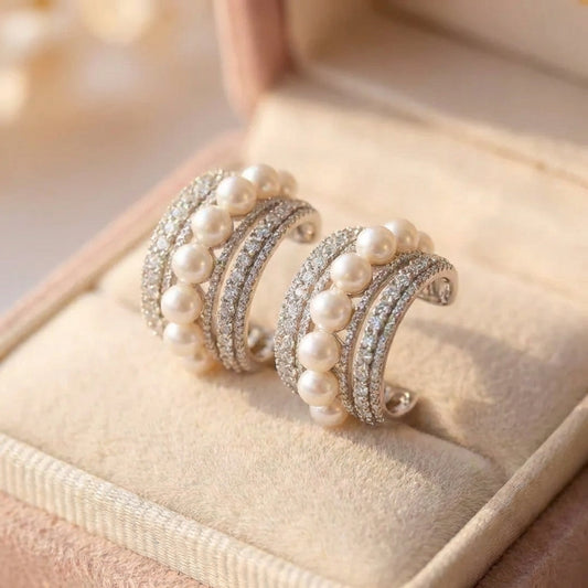 Vintage Pearl Inlaid Rhinestone Hoop Earrings