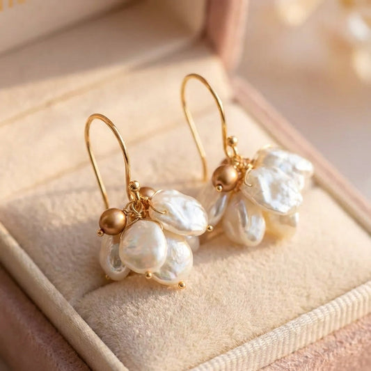 Vintage Pearl Dangling Flower Golden Earrings