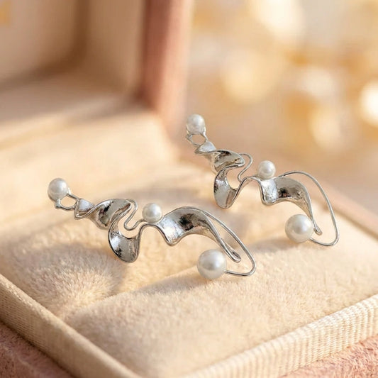 Vintage Pearl Abstract Silver Earrings