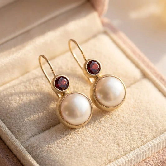 Vintage Pearl & Red Crystal Earrings
