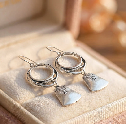 Vintage Silver Hanging Square Carving Dangle Earrings