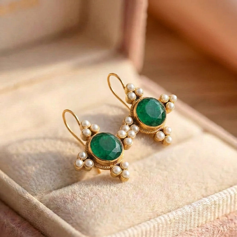 Vintage Green Crystal & Pearls Earrings