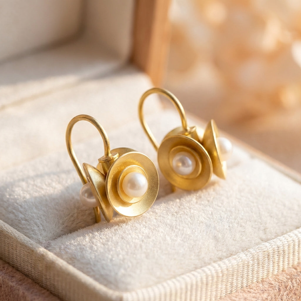 Vintage Golden Inlaid Pearl Blossom Earrings