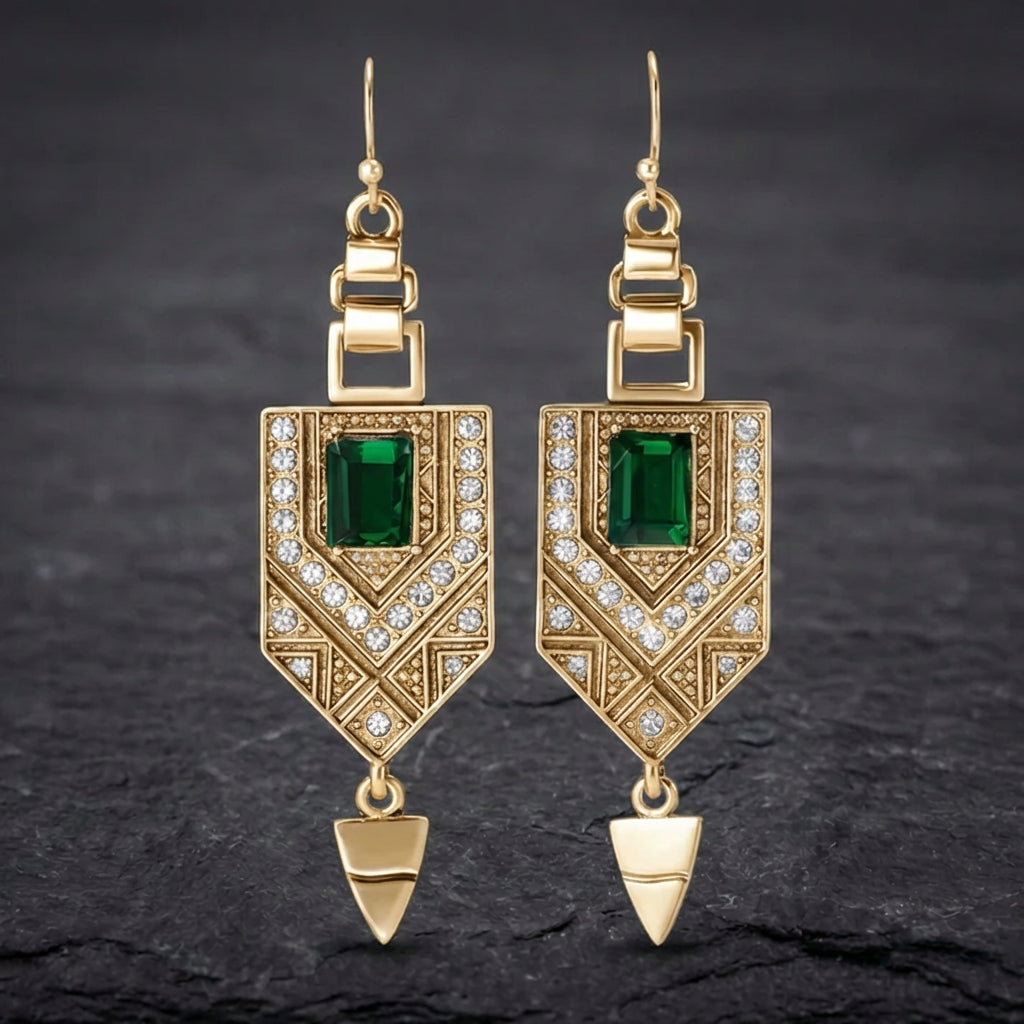 Vintage Gold & Green Geometric Earrings