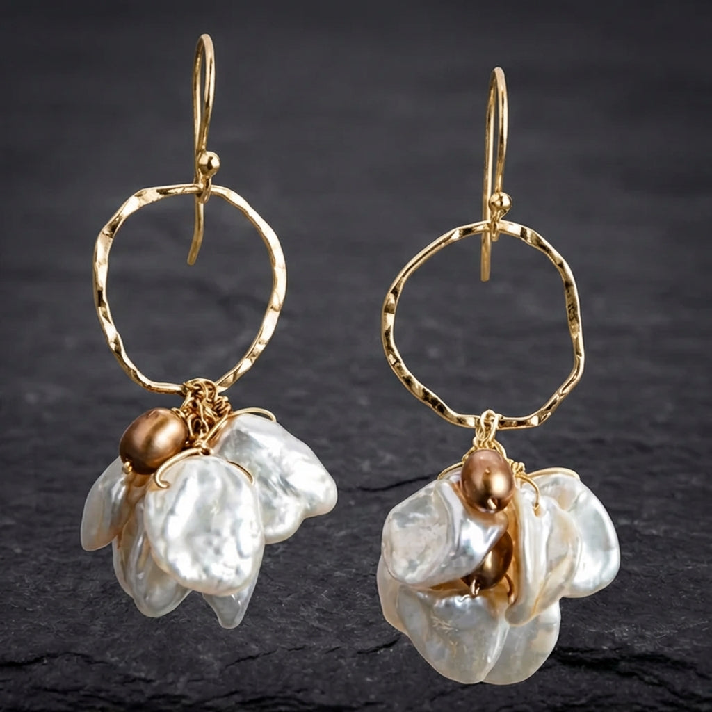 Vintage Pearl Dangling Flower Golden Earrings