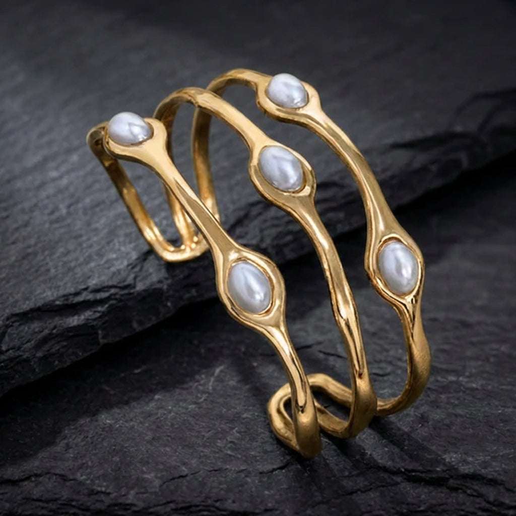 Vintage Layered Gold Pearl Bangle Bracelet
