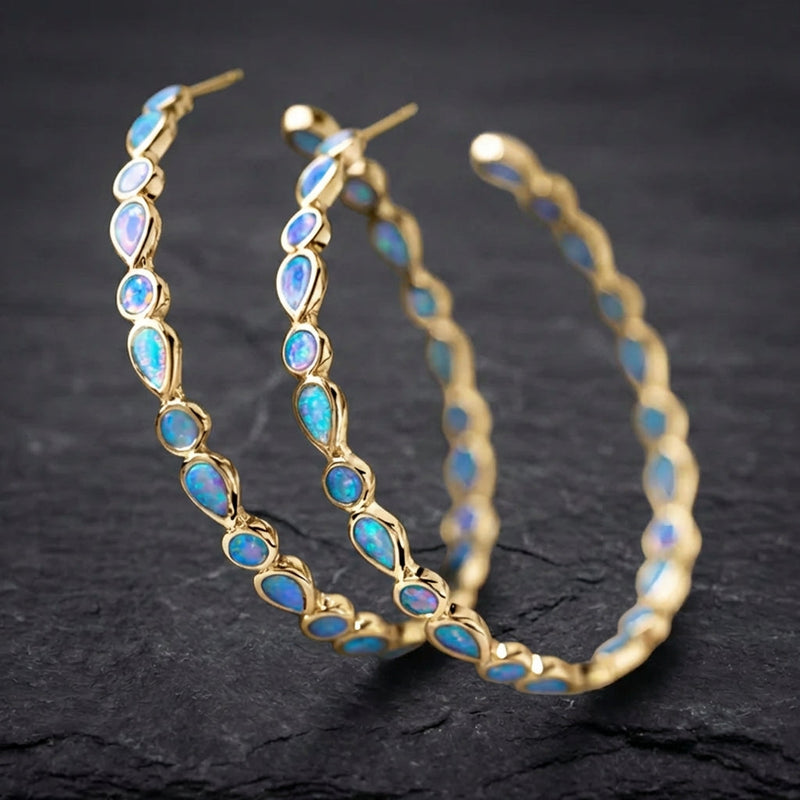 Vintage Blue Opal Gold Earrings