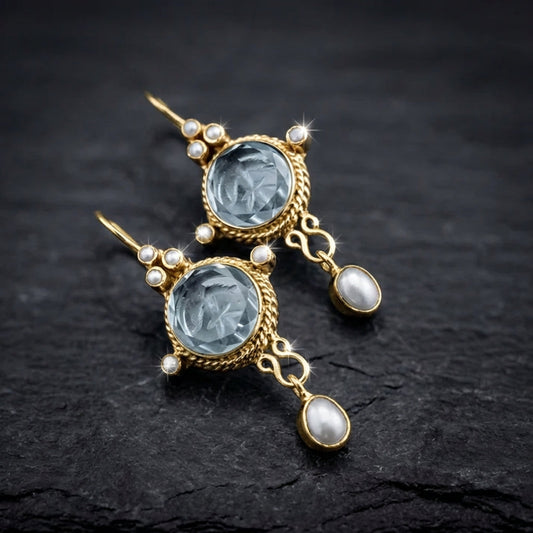 Vintage Blue Glass & Pearl Drop Earrings