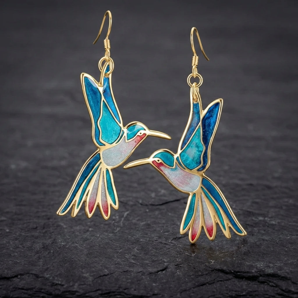 Vintage Blue Enamel Hummingbird Earrings