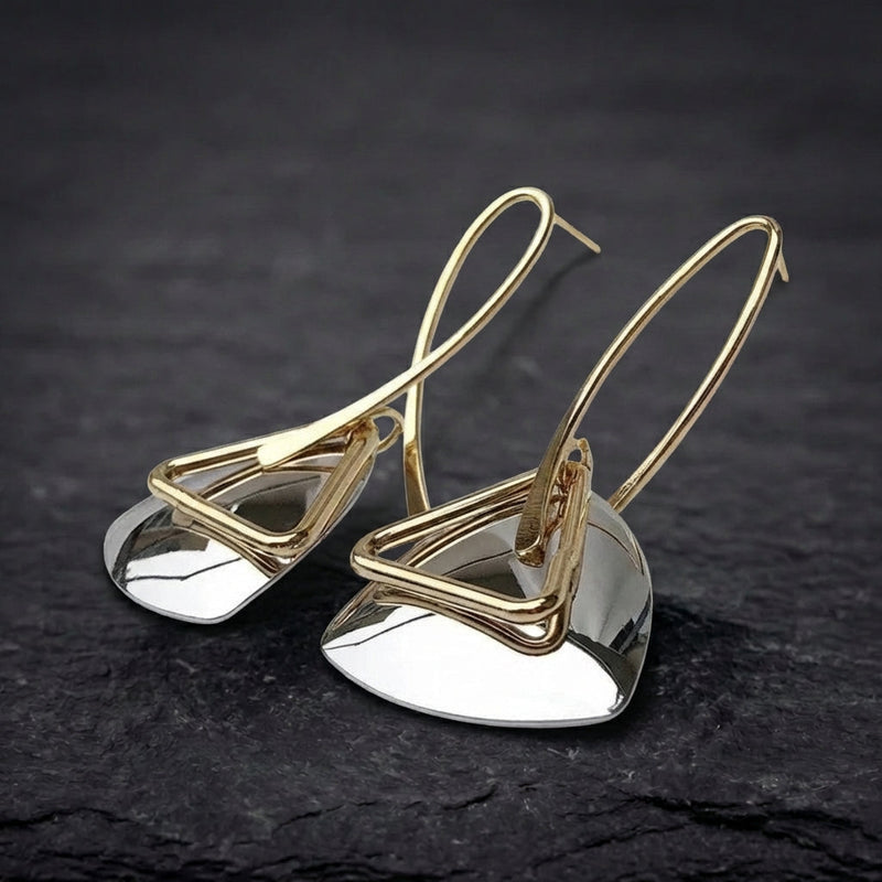 Retro Gold Triangular Silver Pendant & Curved Hook Earrings
