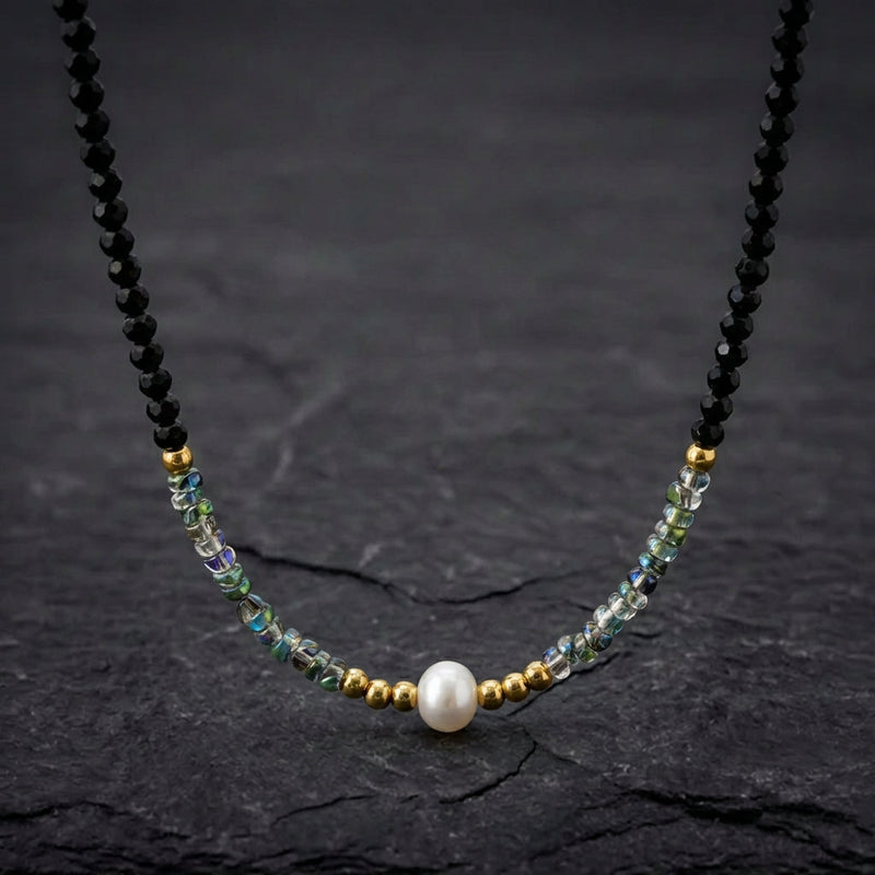 Gold & Pearl Black Bead Necklace