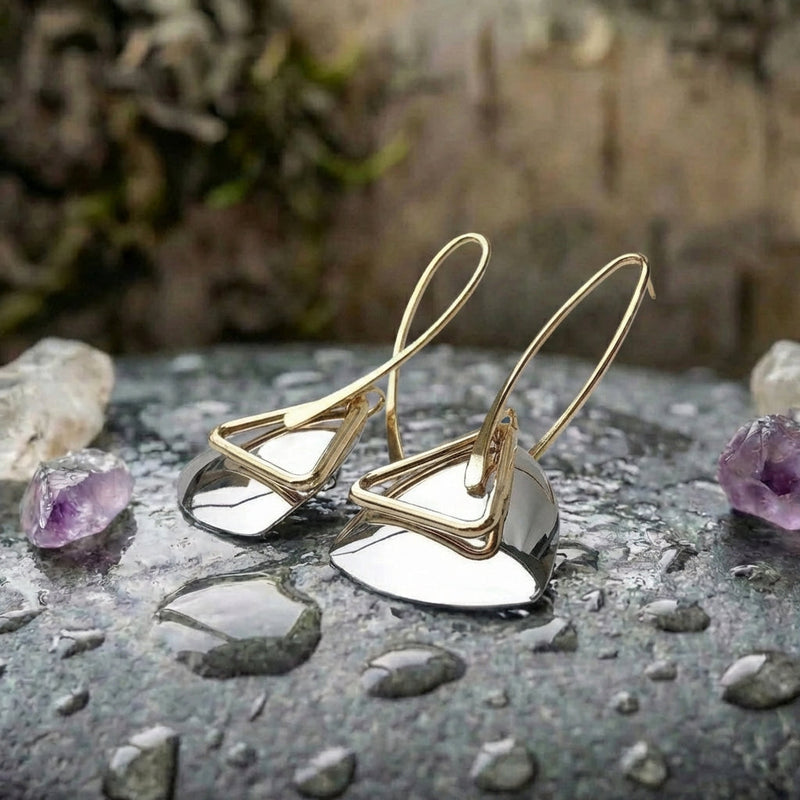 Retro Gold Triangular Silver Pendant & Curved Hook Earrings