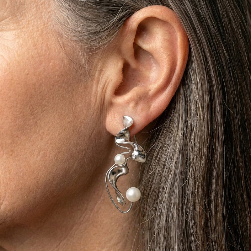 Vintage Pearl Abstract Silver Earrings