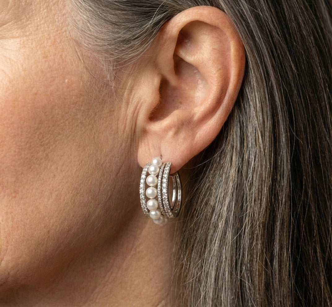Pearl Inlaid Rhinestone Hoop Earrings