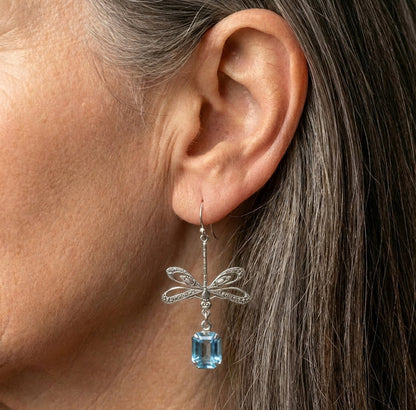 Vintage Dragonfly Blue Stone Dangle Earrings