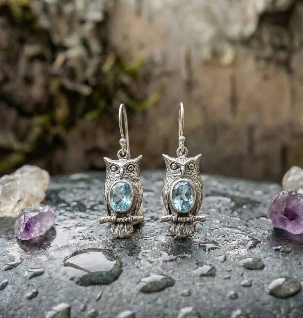 Vintage Carving Owl Silver Earrings