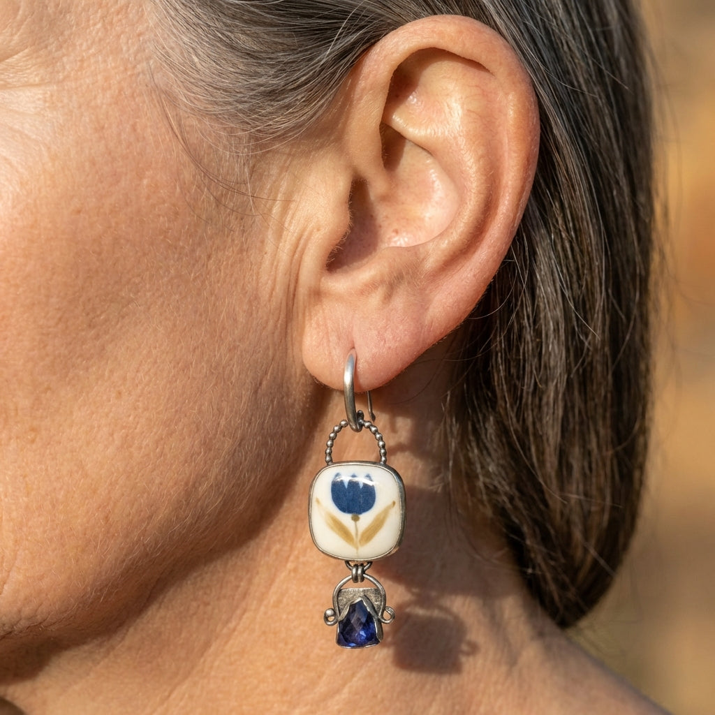 Flower Carving Blue Stone Dangle Silver Earrings