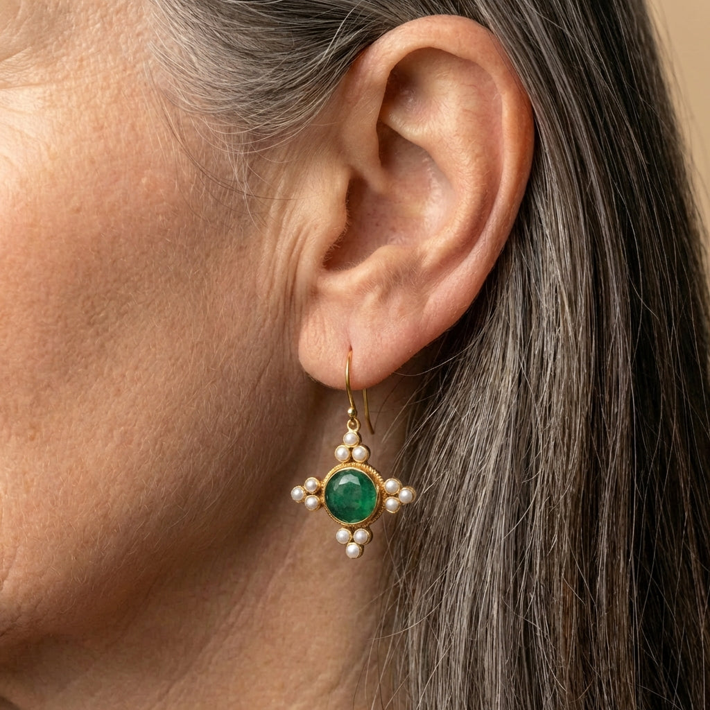 Vintage Green Crystal & Pearls Earrings