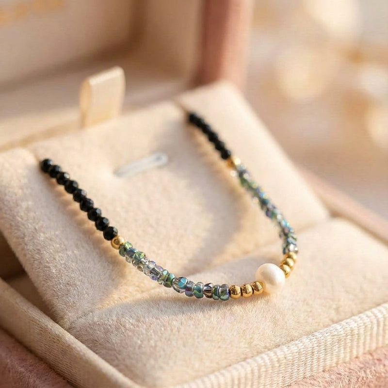 Gold & Pearl Black Bead Necklace