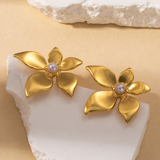 Gold Pearl Flower Earrings