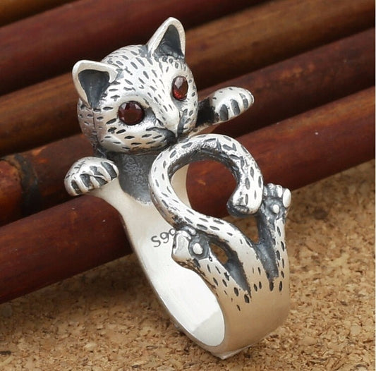 Adjustable Hand Painted Cat Ring In 925 Sterling Silver