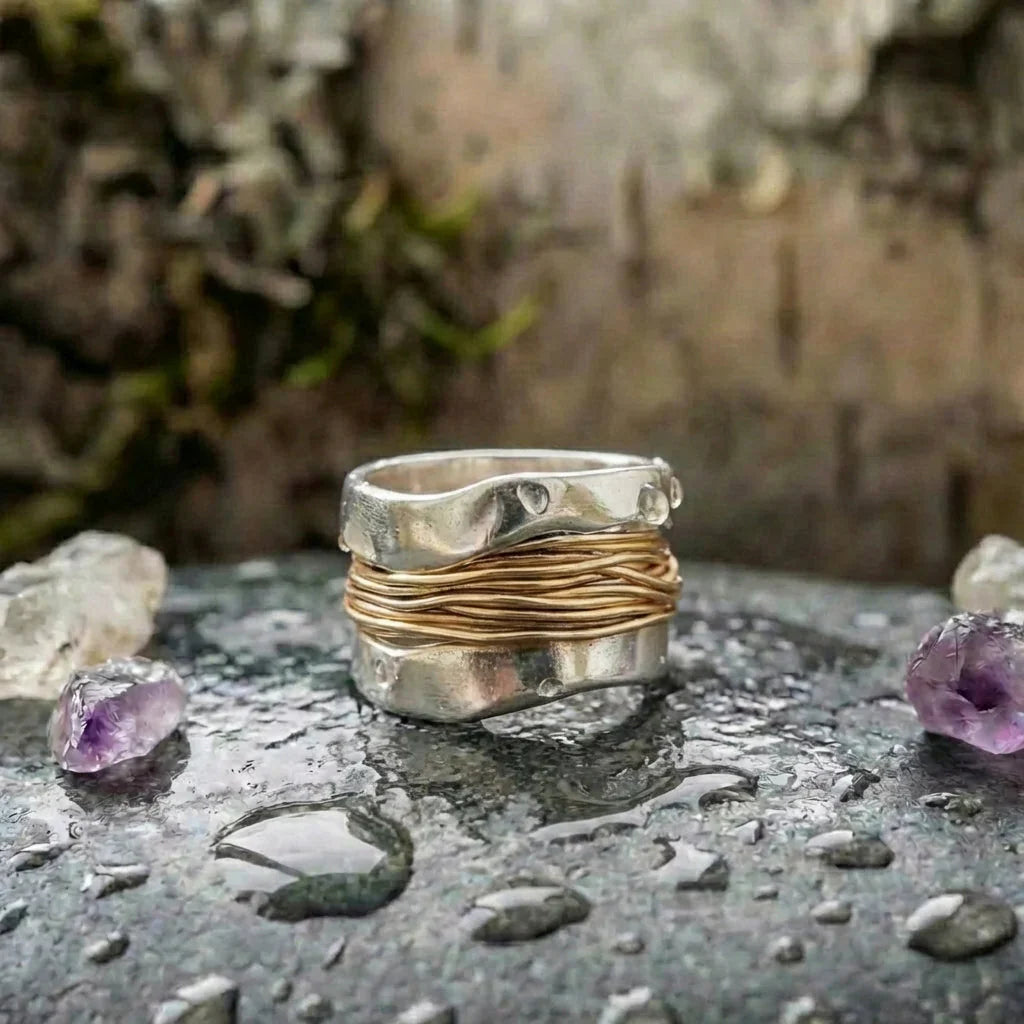 Handmade Silver Golden Threads Ring