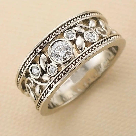 Vintage Silver Leaf Zirconia Ring