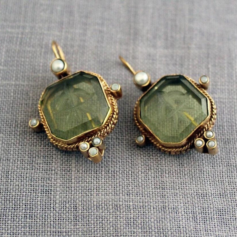 Vintage Blue Floral Engraved Gemstone Earrings