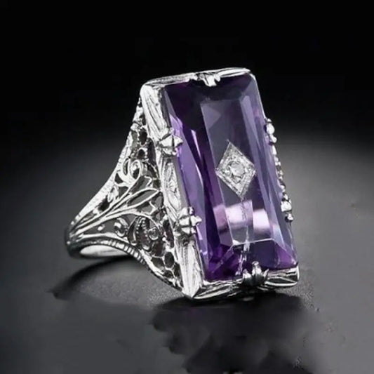 Purple Rectangular Crystal Silver Plated Ring
