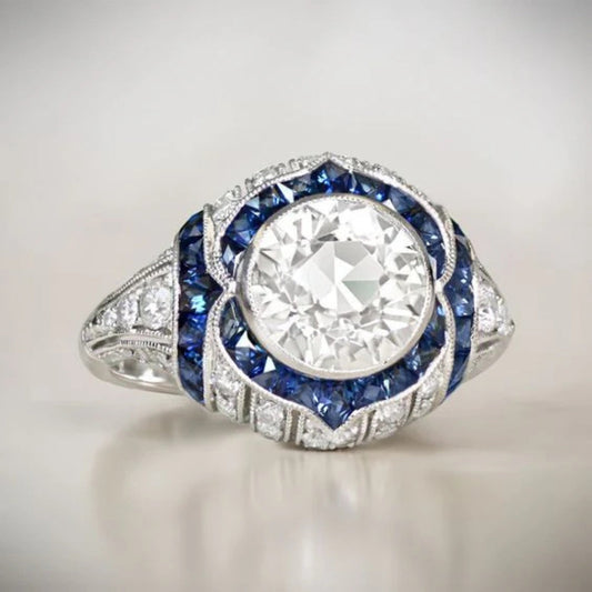 Rounded White & Blue Crystal Silver Ring