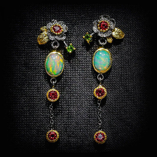 Earrings With Blue Opal and Red Crystals in Gold