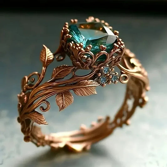 Rose Gold Teal Gem Botanical Leaf Ring Copy