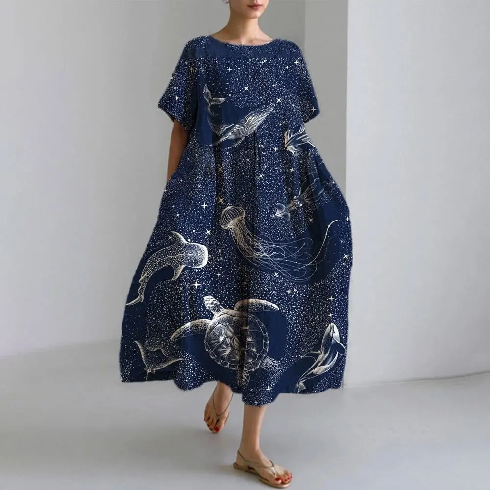 LD | Plus-Size Loose Fit Zomerjurk met Zak & O-Hals Elegante Zomer Maxi Dress