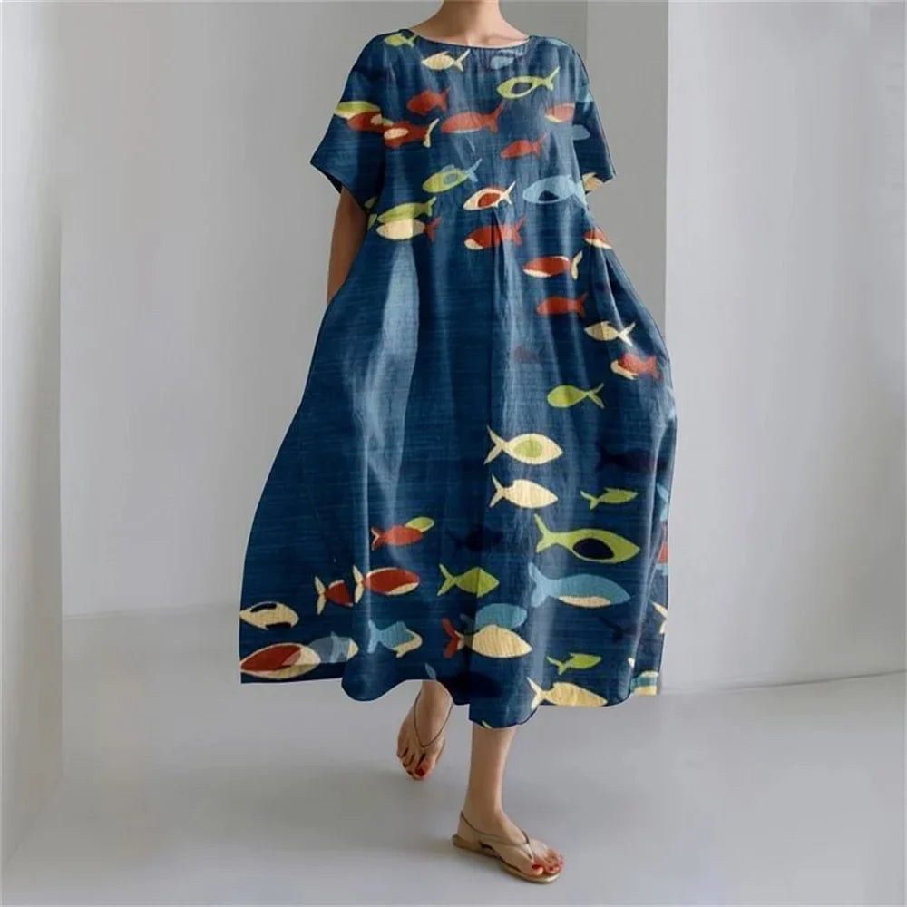 LD | Plus-Size Loose Fit Zomerjurk met Zak & O-Hals Elegante Zomer Maxi Dress