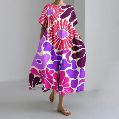 LD | New Summer Women's Dresses Elegant Round Neck Short Sleeves Long Pink Dotted Irregular Printed Comfortable Midi Dresses