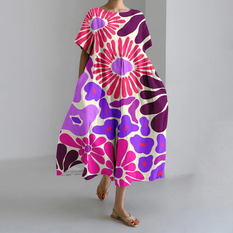 LD | New Summer Women's Dresses Elegant Round Neck Short Sleeves Long Pink Dotted Irregular Printed Comfortable Midi Dresses