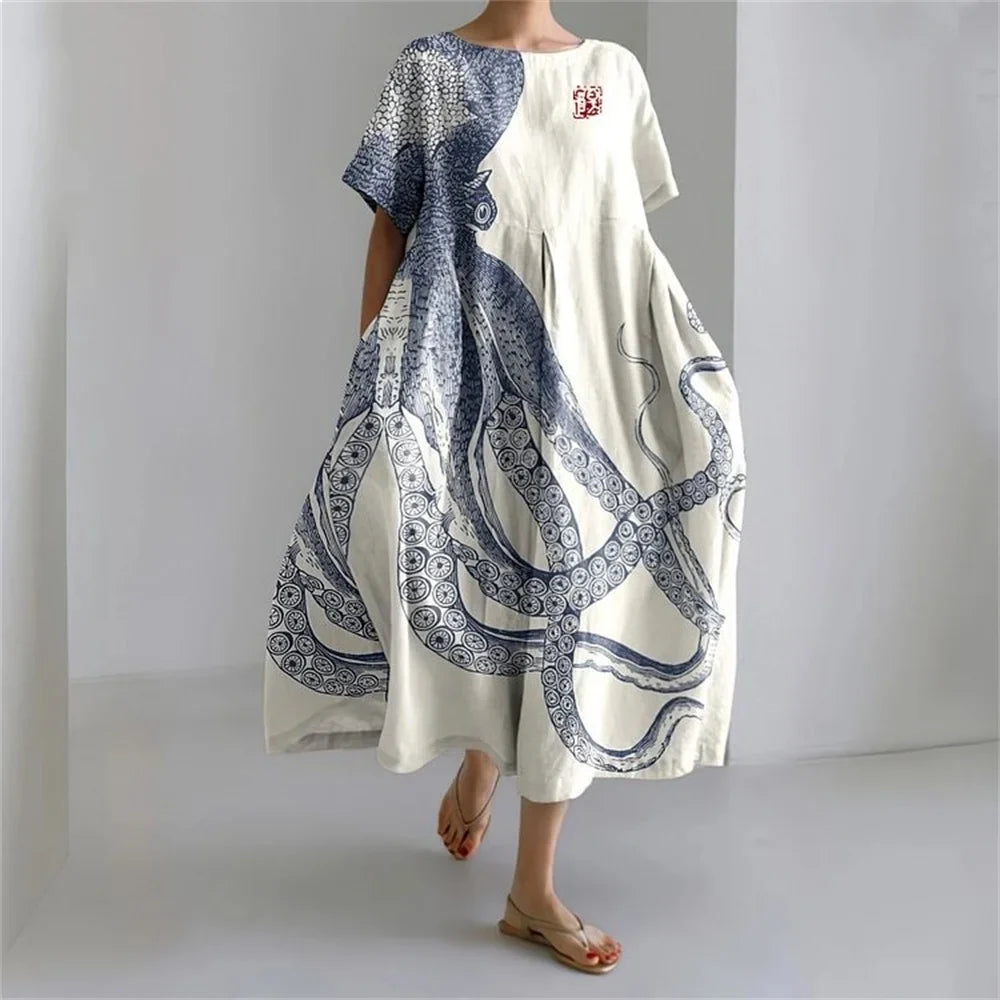 LD | Plus-Size Loose Fit Zomerjurk met Zak & O-Hals Elegante Zomer Maxi Dress