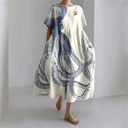 LD | Plus-Size Loose Fit Zomerjurk met Zak & O-Hals Elegante Zomer Maxi Dress