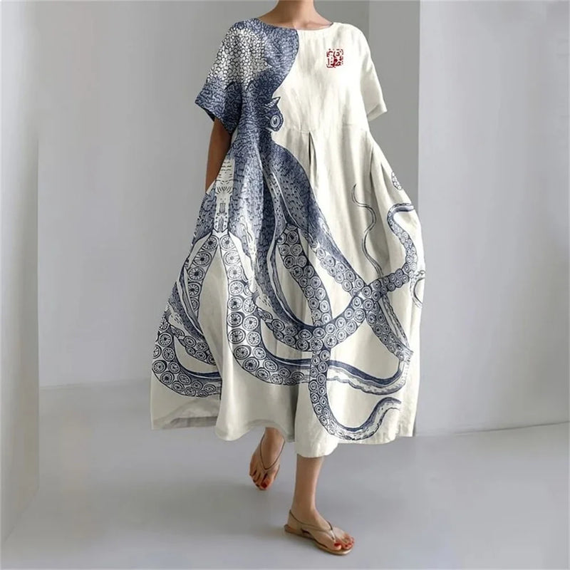 LD | Plus-Size Loose Fit Zomerjurk met Zak & O-Hals Elegante Zomer Maxi Dress