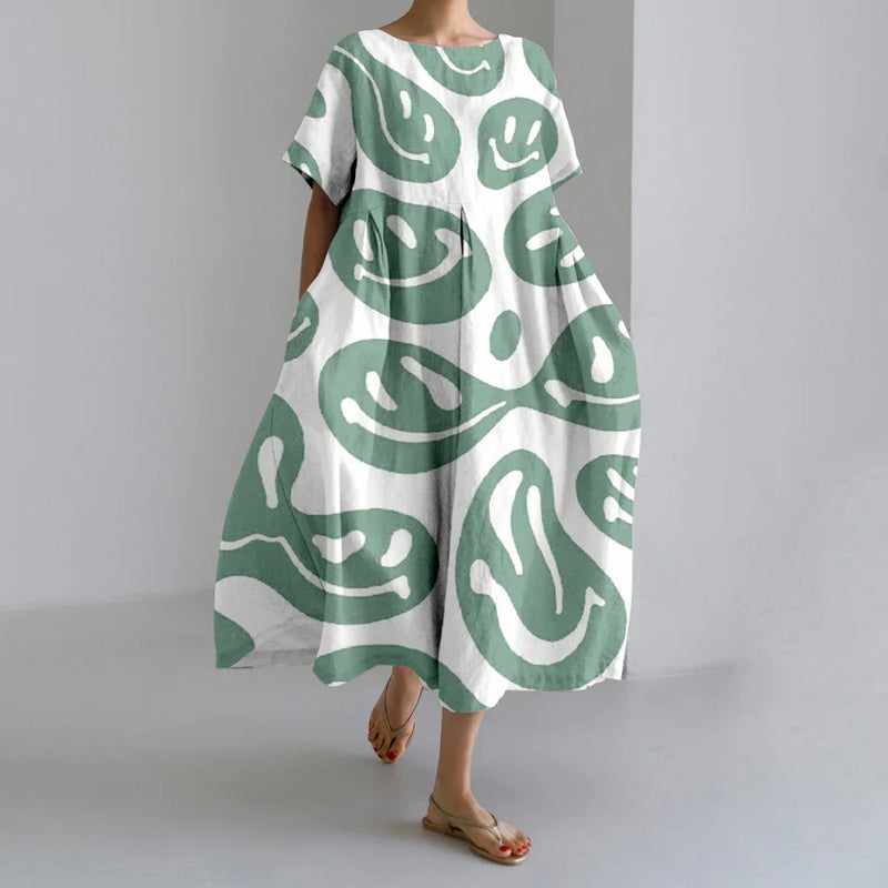 LD | New Summer Women's Dresses Elegant Round Neck Short Sleeves Long Pink Dotted Irregular Printed Comfortable Midi Dresses