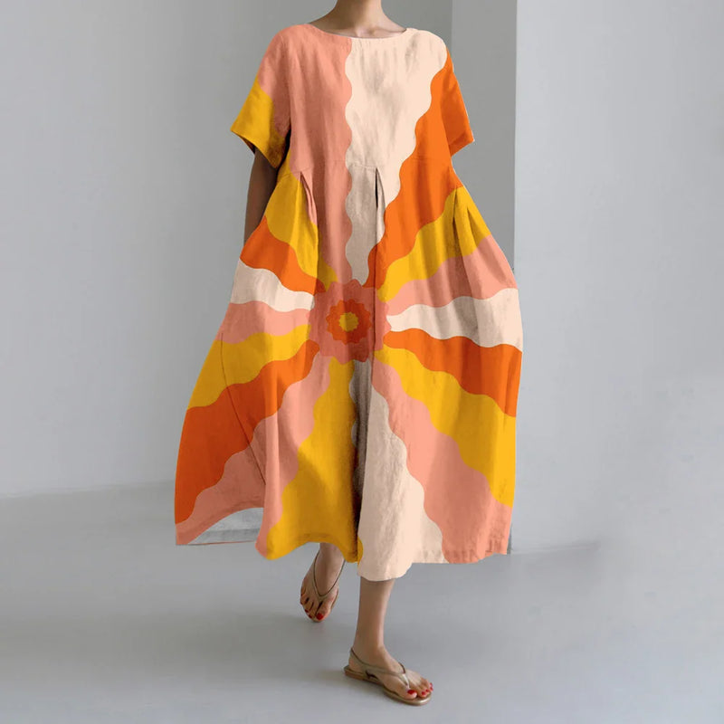 LD | New Summer Women's Dresses Elegant Round Neck Short Sleeves Long Pink Dotted Irregular Printed Comfortable Midi Dresses